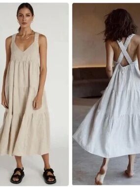 DISSH Cream Tiered Midi Dress with Cross-Back Straps